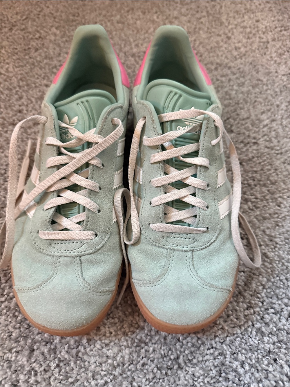 adidas Women's Mint Green Suede Sneakers with Pink Heel